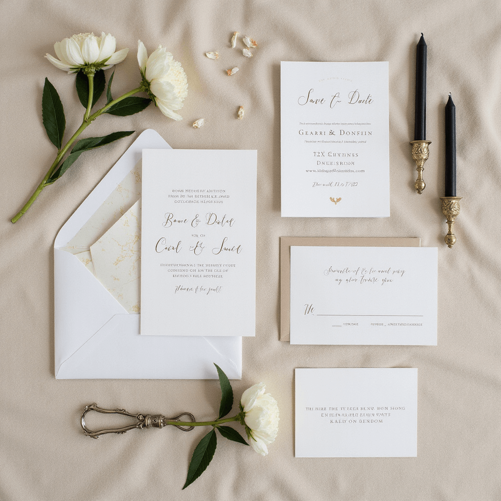 A flat lay of luxury stationery suite with save-the-dates, invitations, RSVP cards, and envelopes arranged in a grid on a cream velvet backdrop, styled with a vintage silver letter opener, black taper candles, and white anemones.