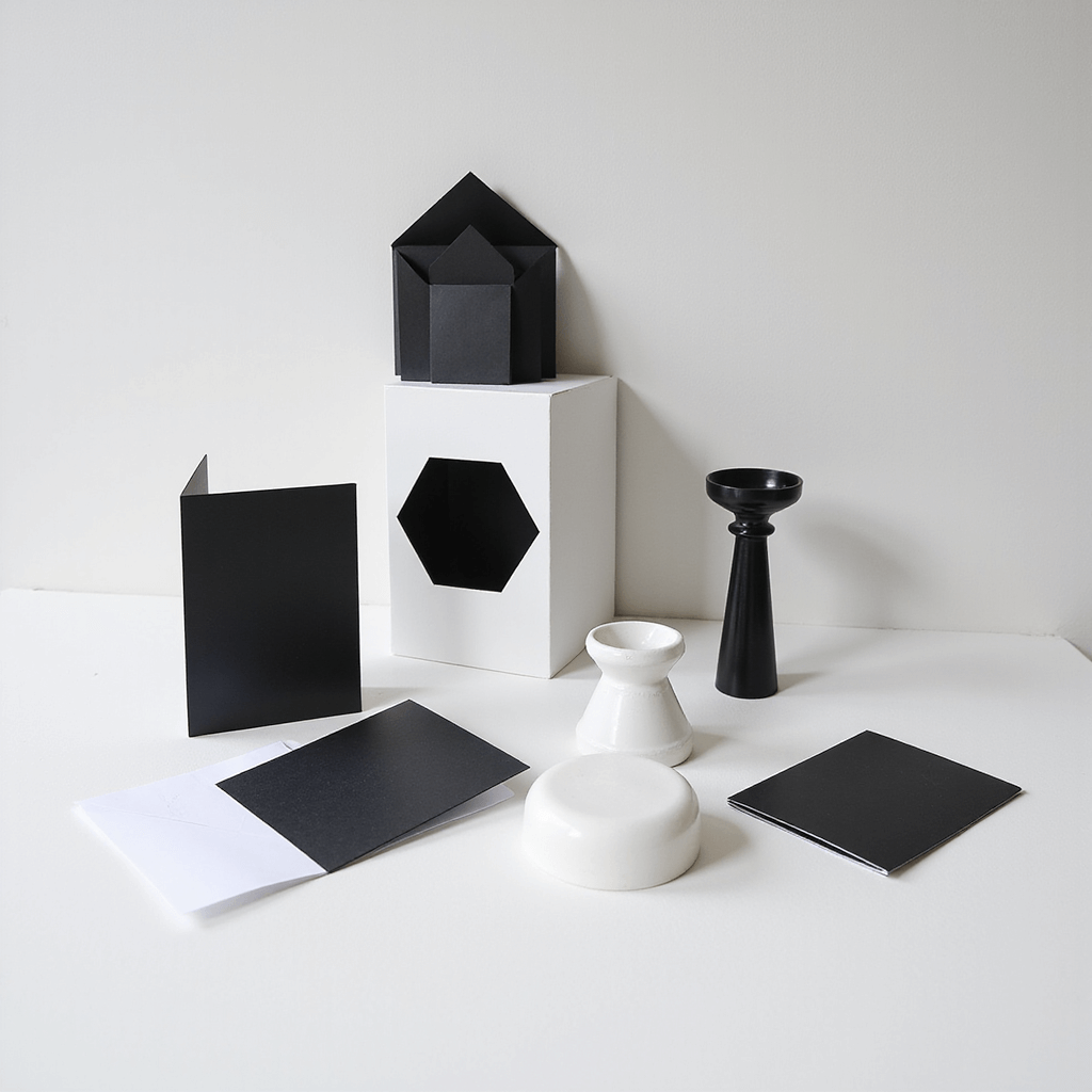 A contemporary monochrome display featuring black and white geometric invitations, black acrylic shapes, and white ceramic vessels arranged on a white photography sweep, all under clean side lighting creating strong shadows, with noticeable negative space.