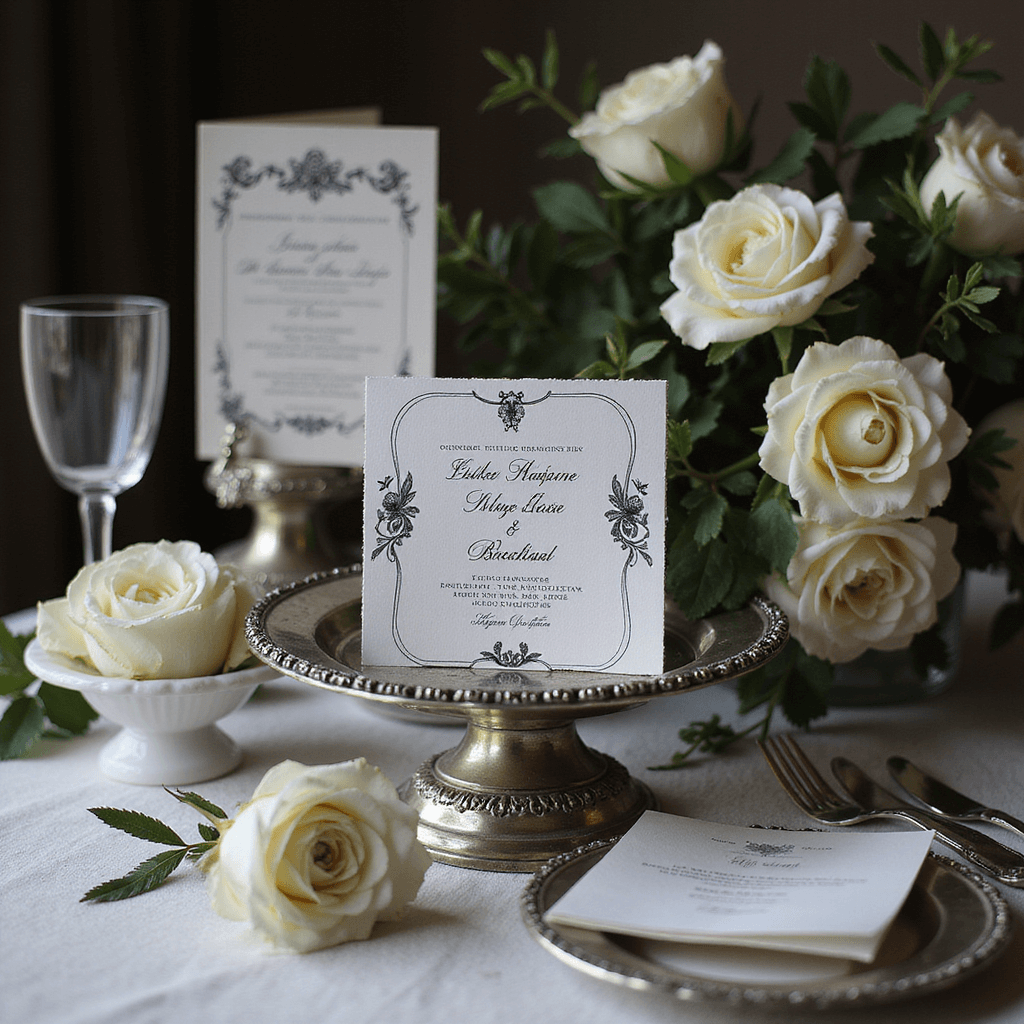 Romantic tabletop setting with black and white invitations among vintage wedding elements, including a silver cake stand, pearl-handled cake servers, champagne coupes, and white garden roses, captured in moody natural light.