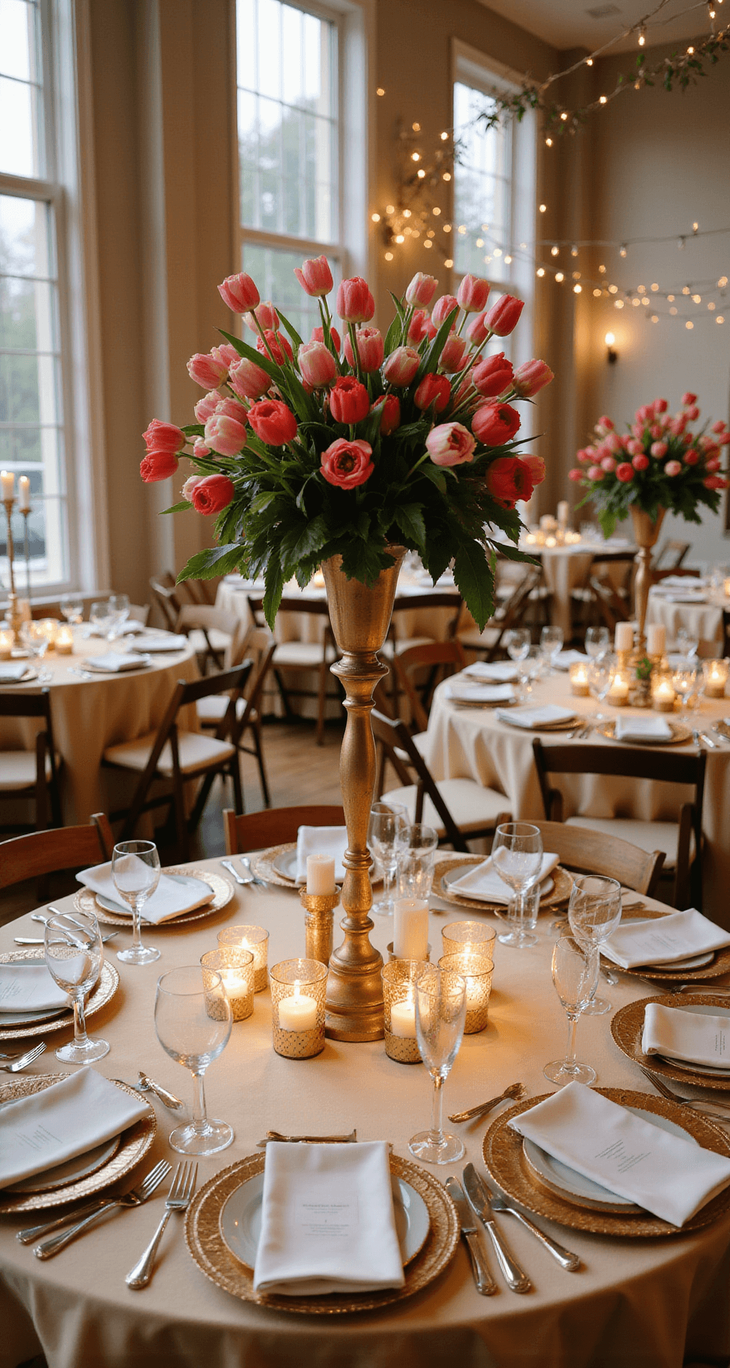 Elevated view of an elegant indoor reception with tables featuring tulip centerpieces and warm ambient lighting.