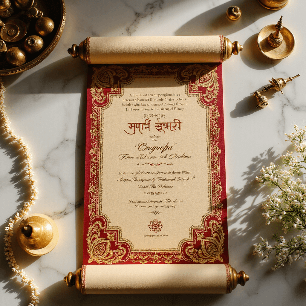 Flat lay of a luxurious Indian wedding invitation with a gold and deep red scroll on cream marble, featuring peacock motifs, jasmine flowers, golden bells, ceremonial thread, and brass items, in soft natural light.