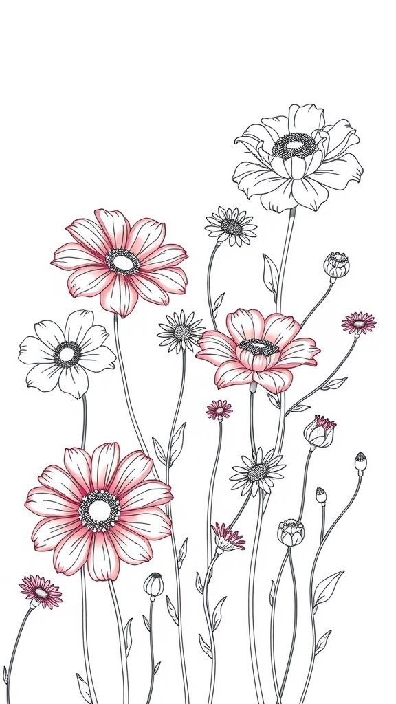 Artistic floral line drawing featuring various flowers in black outline with subtle pink accents.