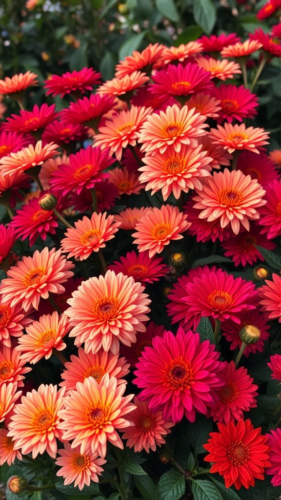 A vibrant display of red and orange chrysanthemums in full bloom.