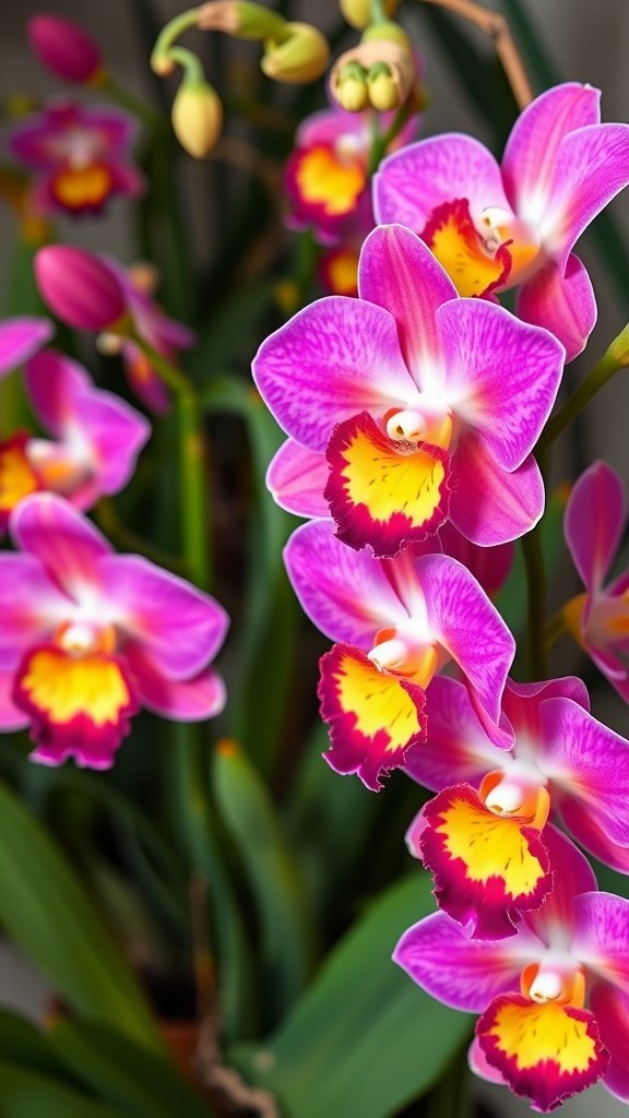 A close-up of blooming Cattleya orchids with vibrant pink and yellow colors.