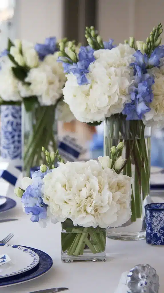 Blue Nigella and White Peony Centerpieces
