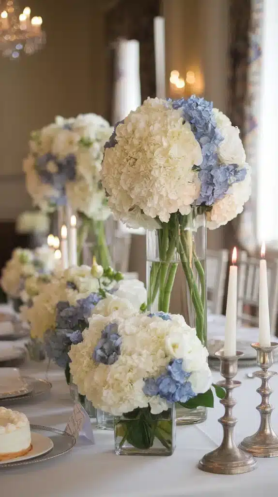 Blue Nigella and White Peony Centerpieces