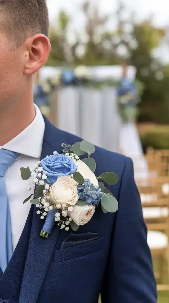 Blue Thistle and White Lisianthus Boutonnieres