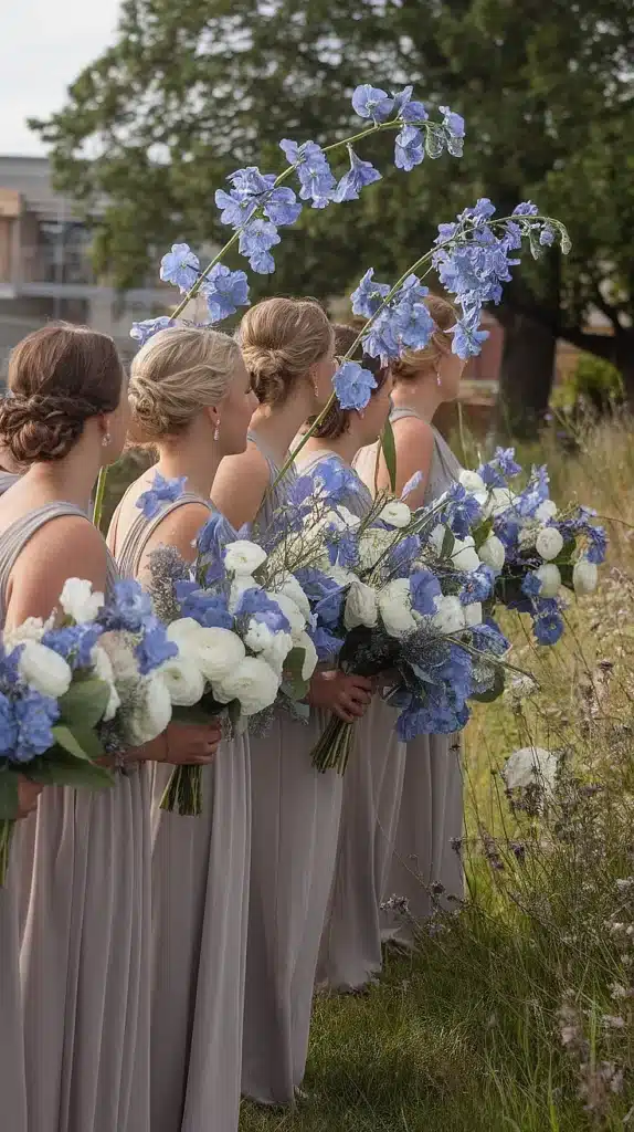 Delphinium and White Ranunculus Bridesmaid Bouquets