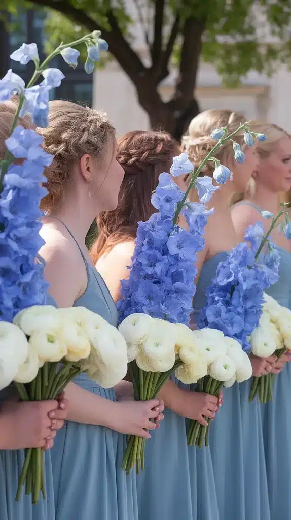 Delphinium and White Ranunculus Bridesmaid Bouquets