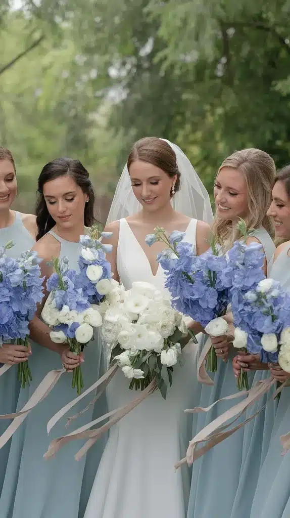 Delphinium and White Ranunculus Bridesmaid Bouquets