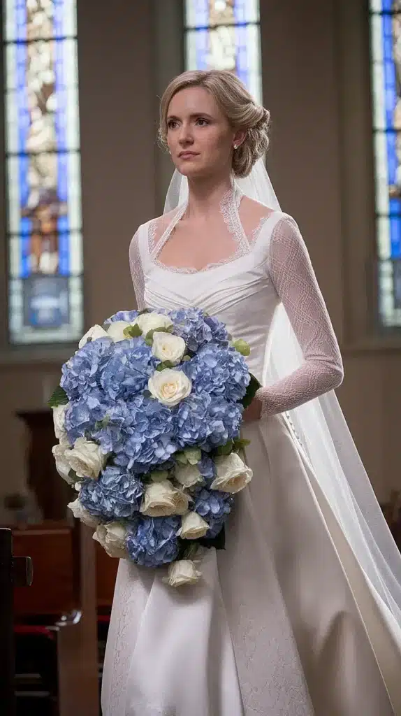 Blue Hydrangea and White Rose Bridal Bouquet