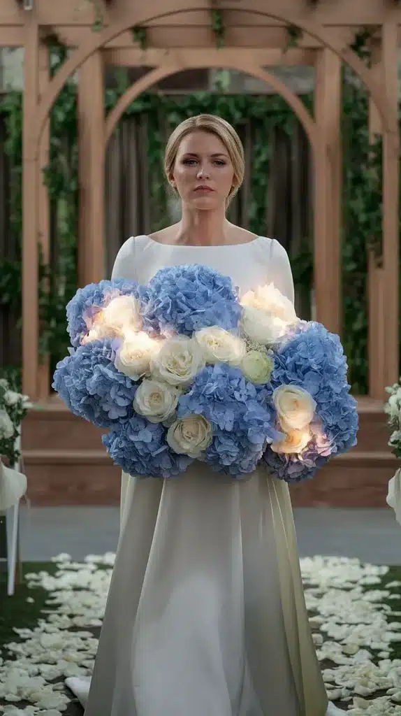 Blue Hydrangea and White Rose Bridal Bouquet