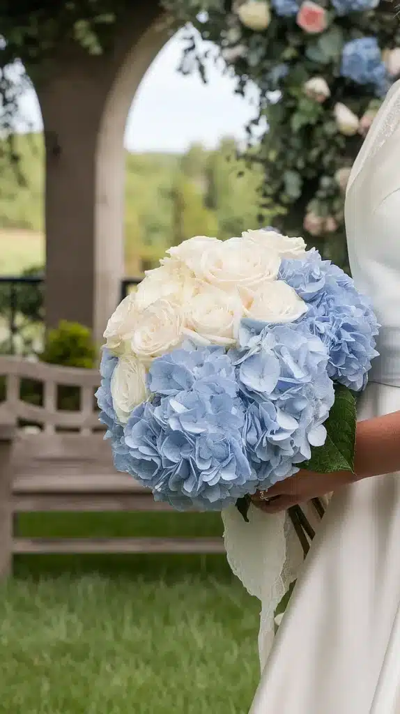 Blue Hydrangea and White Rose Bridal Bouquet