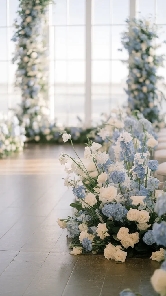 Blue Delphinium and White Anemone Aisle Markers