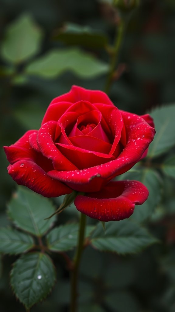 A bold red rose with water droplets on its petals, set against a blurred green background.