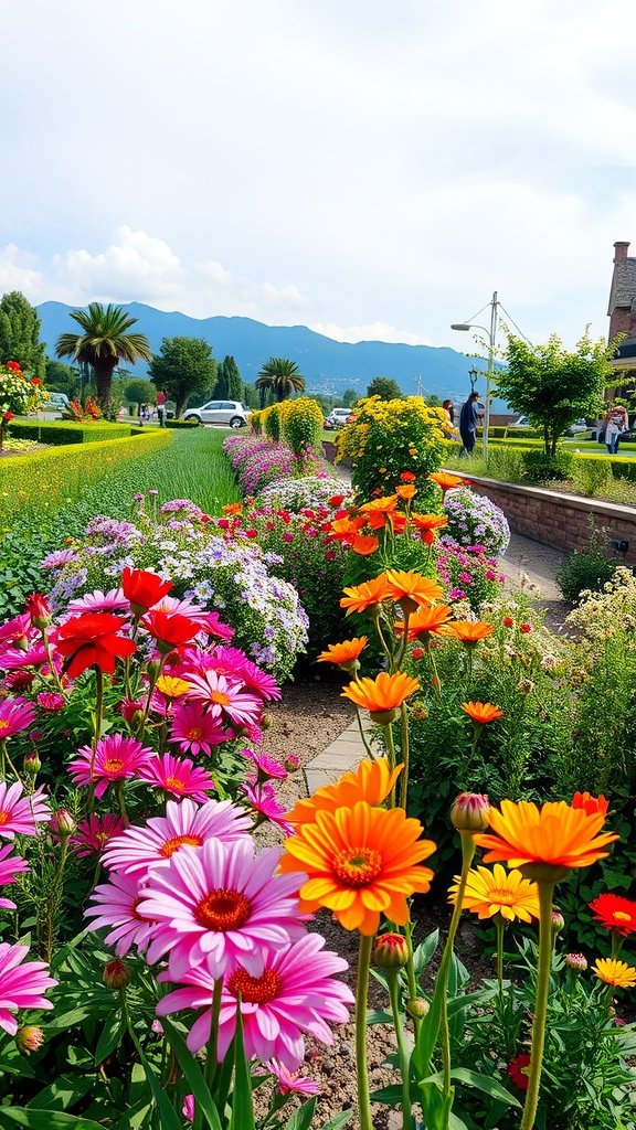 A bright flower garden with various flowers including pink, orange, and red blooms, surrounded by greenery and distant mountains.