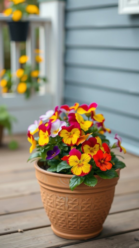 Colorful pansies in a terracotta pot on a wooden surface.