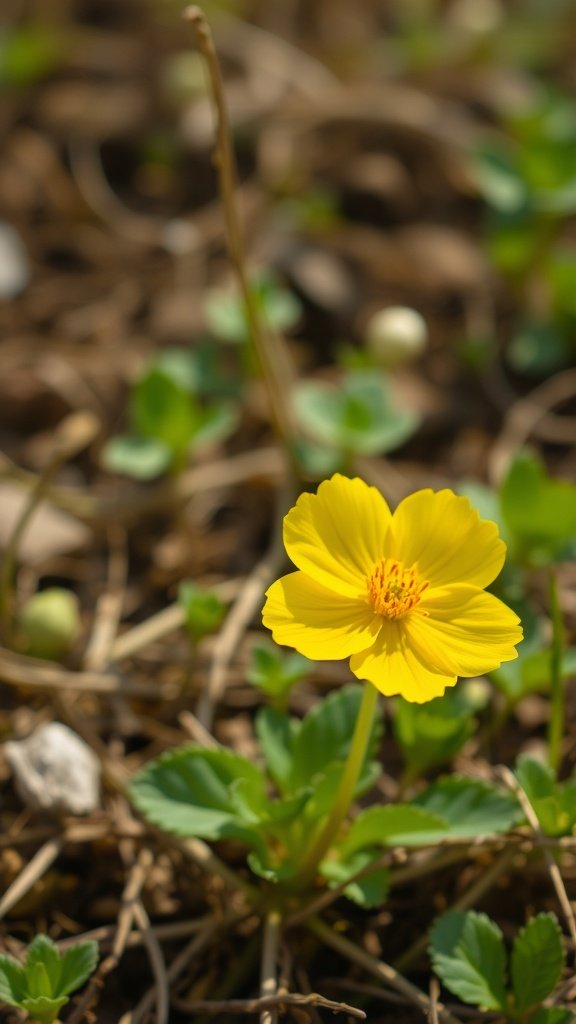 Bright yellow primrose flower blooming among green leaves and brown earth.