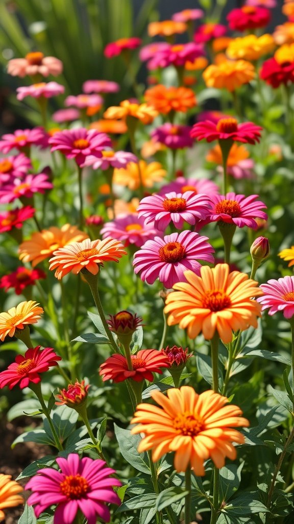 A colorful patch of blooming zinnias in shades of pink, orange, and yellow with green leaves.