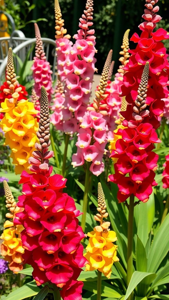 Colorful snapdragon flowers in red, pink, and yellow