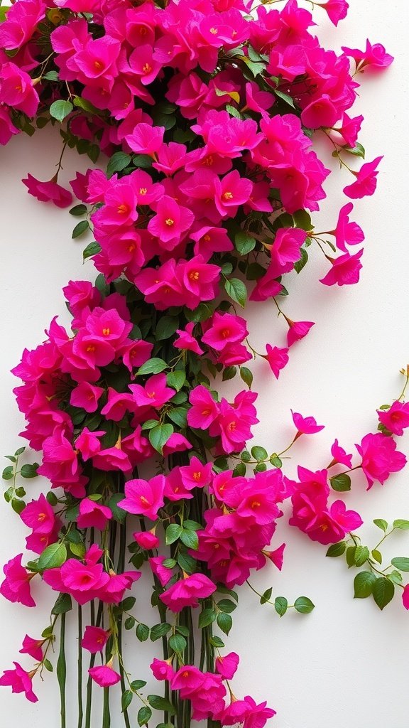 Chic bougainvillea vines with vibrant pink flowers and green leaves against a neutral background.