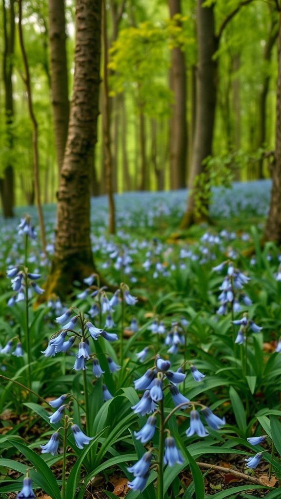 A serene forest filled with bluebell flowers, surrounded by tall trees.