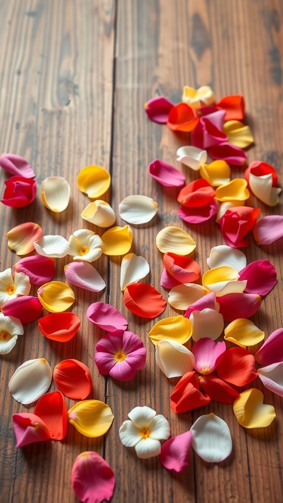 Colorful flower petals scattered on a wooden surface
