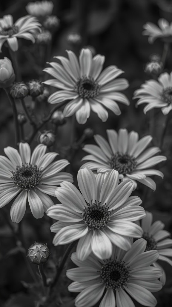 Black and white photo of flowers with detailed petals and buds