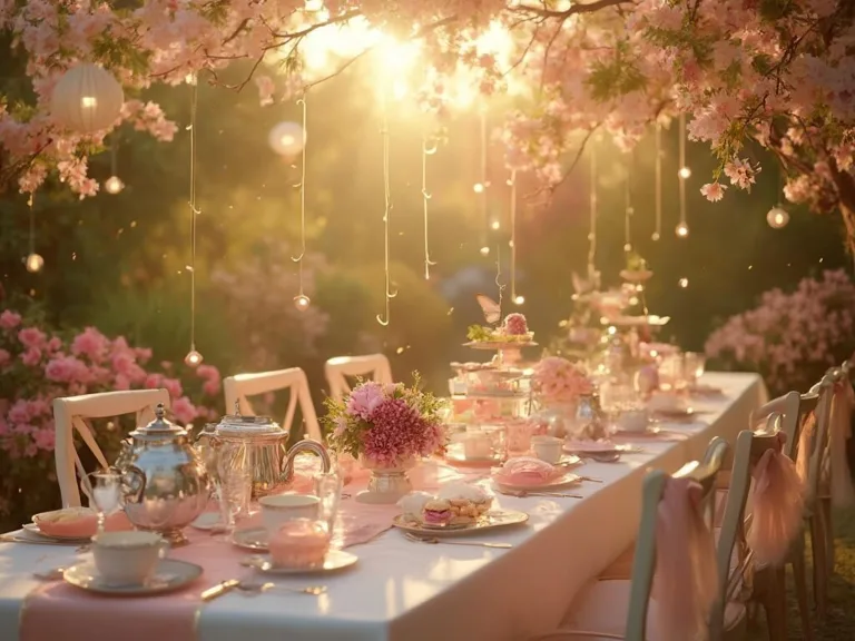 A cinematic wide-angle view of a sunlit garden terrace tea party during golden hour, featuring vintage tables with blush silk tablecloths, antique silver teapots, crystal teacups, fairy lights, tiered cake stands with pastries, children's ghost chairs, and ethereal decorations, all set against a magical floral backdrop.