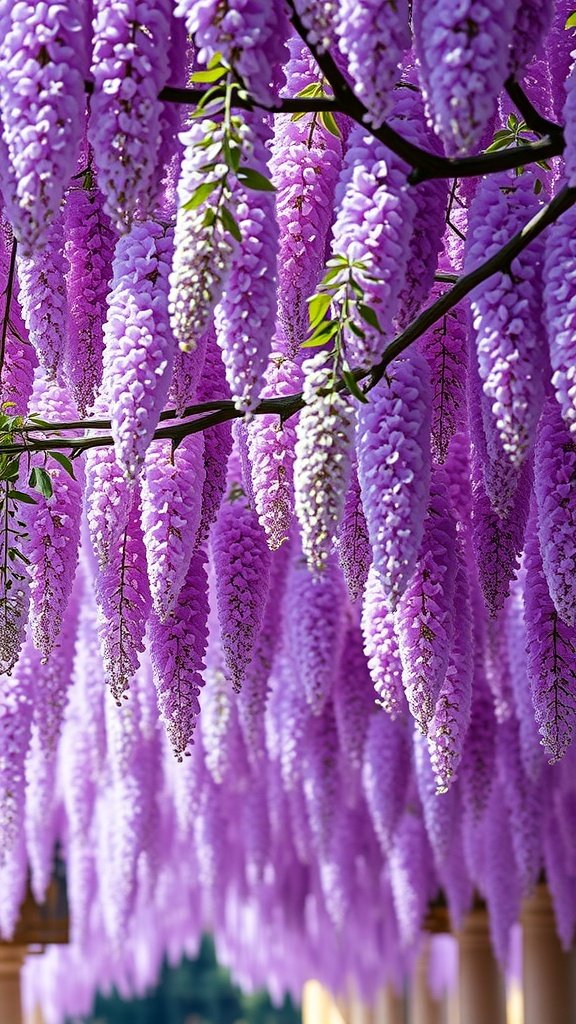 A beautiful canopy of purple wisteria flowers hanging from branches.