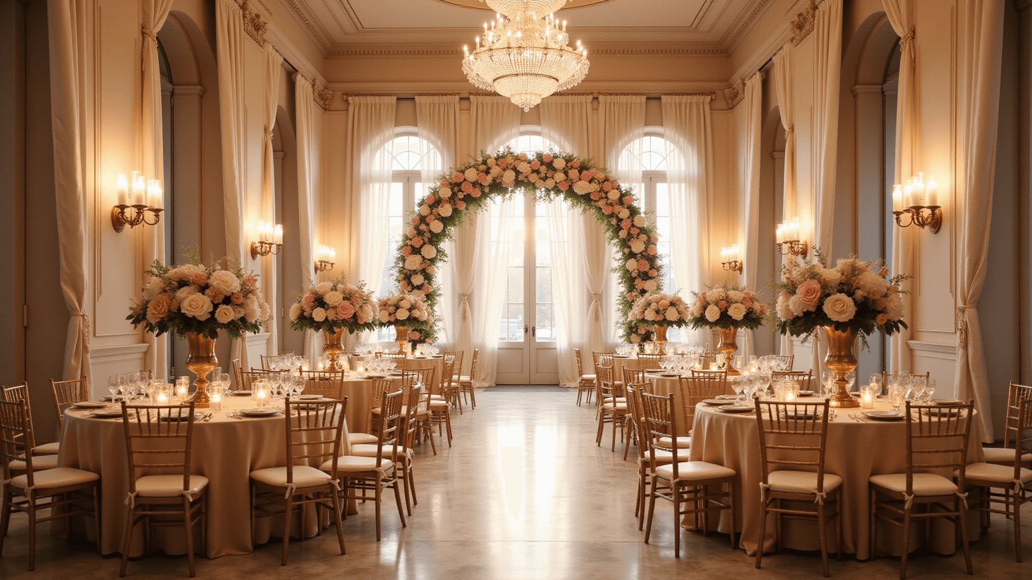 A grand ballroom wedding ceremony with ivory draped marble columns, crystal chandeliers, blush and cream floral arrangements, gold vessels, champagne linens, a floral arch of roses and peonies, brass candelabras, and warm ambient lighting.