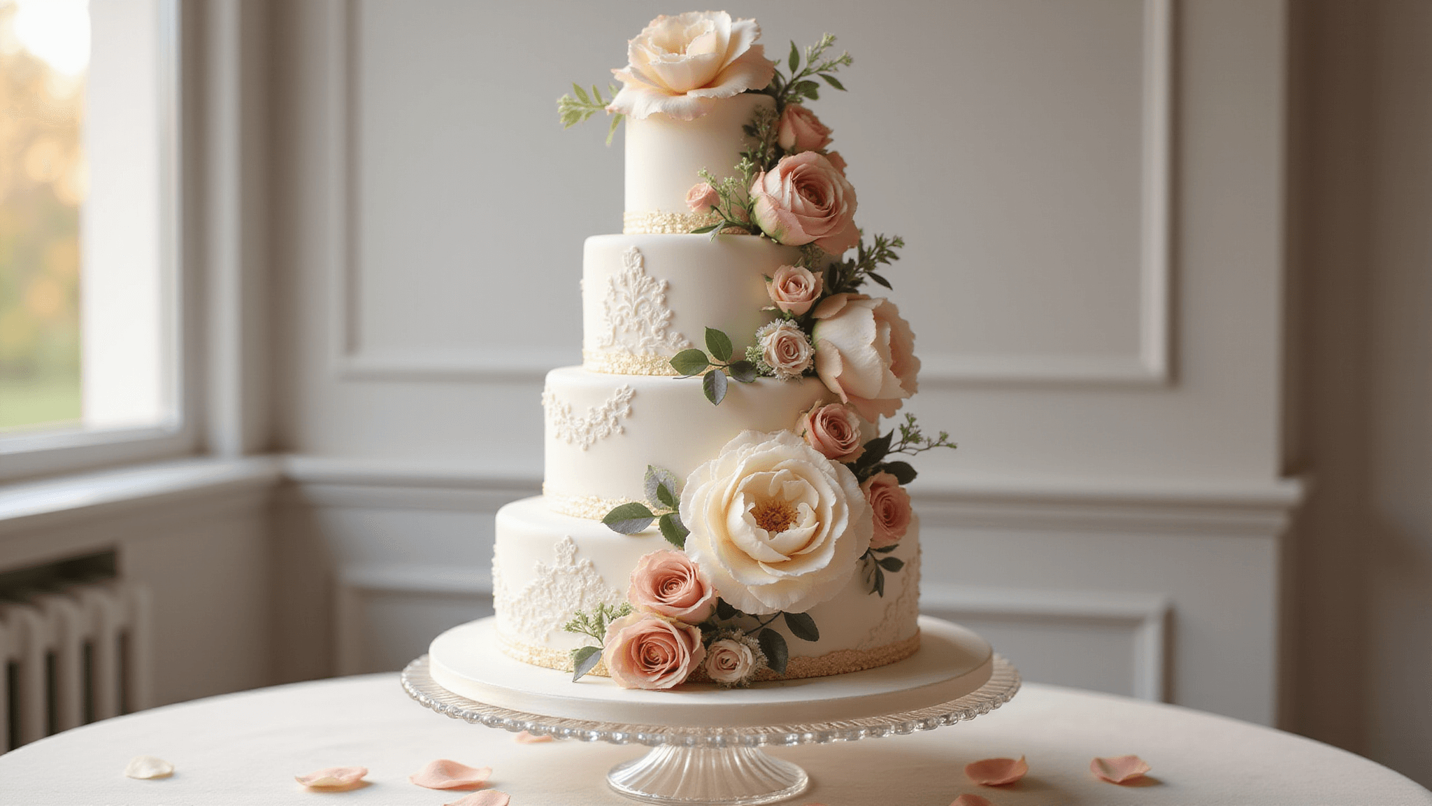 A photorealistic, ultra-detailed 4-tier white wedding cake with cascading blush pink, ivory, and cream peony and garden roses, set against a soft-focus backdrop, featuring sugar-pearled fondant, lace piping, and subtle gold leaf accents, with fresh eucalyptus and dusty miller foliage, on a crystal cake stand.