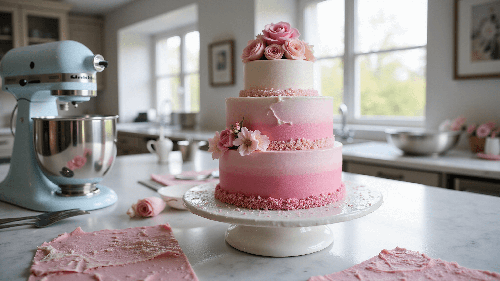 A 4-tier pink ombre wedding cake being assembled in a sunlit bakery kitchen, featuring deep rose to soft blush gradients, adorned with sugar flowers, edible pearls, and crystallized rose petals on a marble countertop with baking tools.