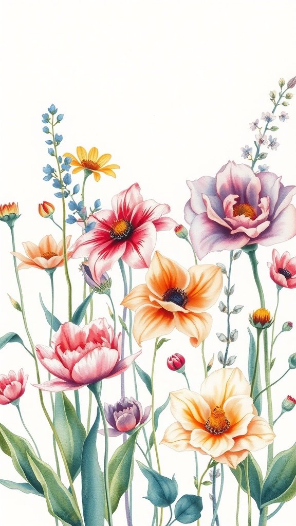 A vibrant floral watercolor illustration featuring various flowers in shades of pink, orange, and yellow.