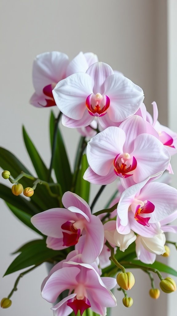 A vibrant arrangement of pink orchids with delicate petals and green leaves.