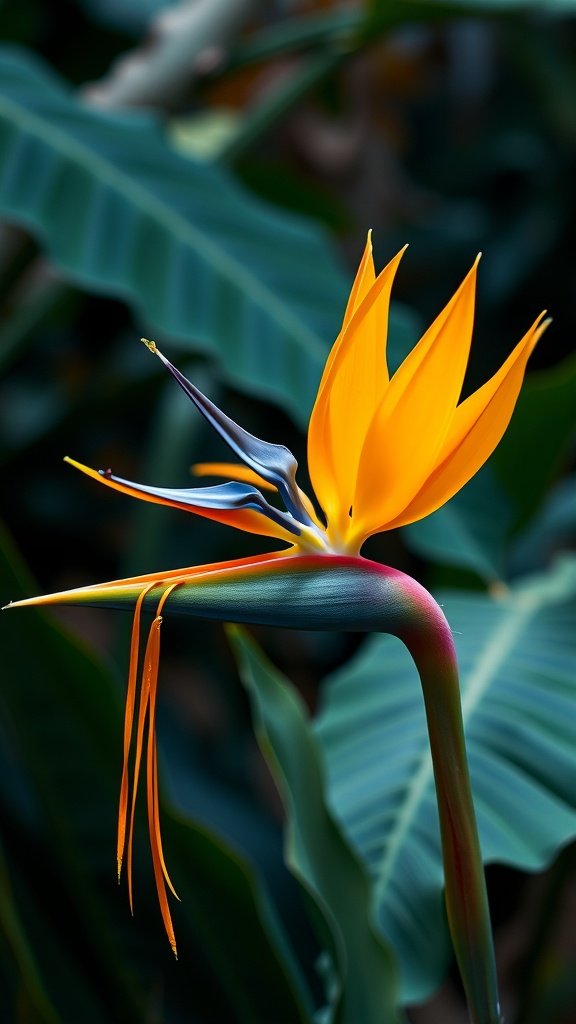 A vibrant Bird of Paradise flower with bright orange and yellow petals against green foliage.