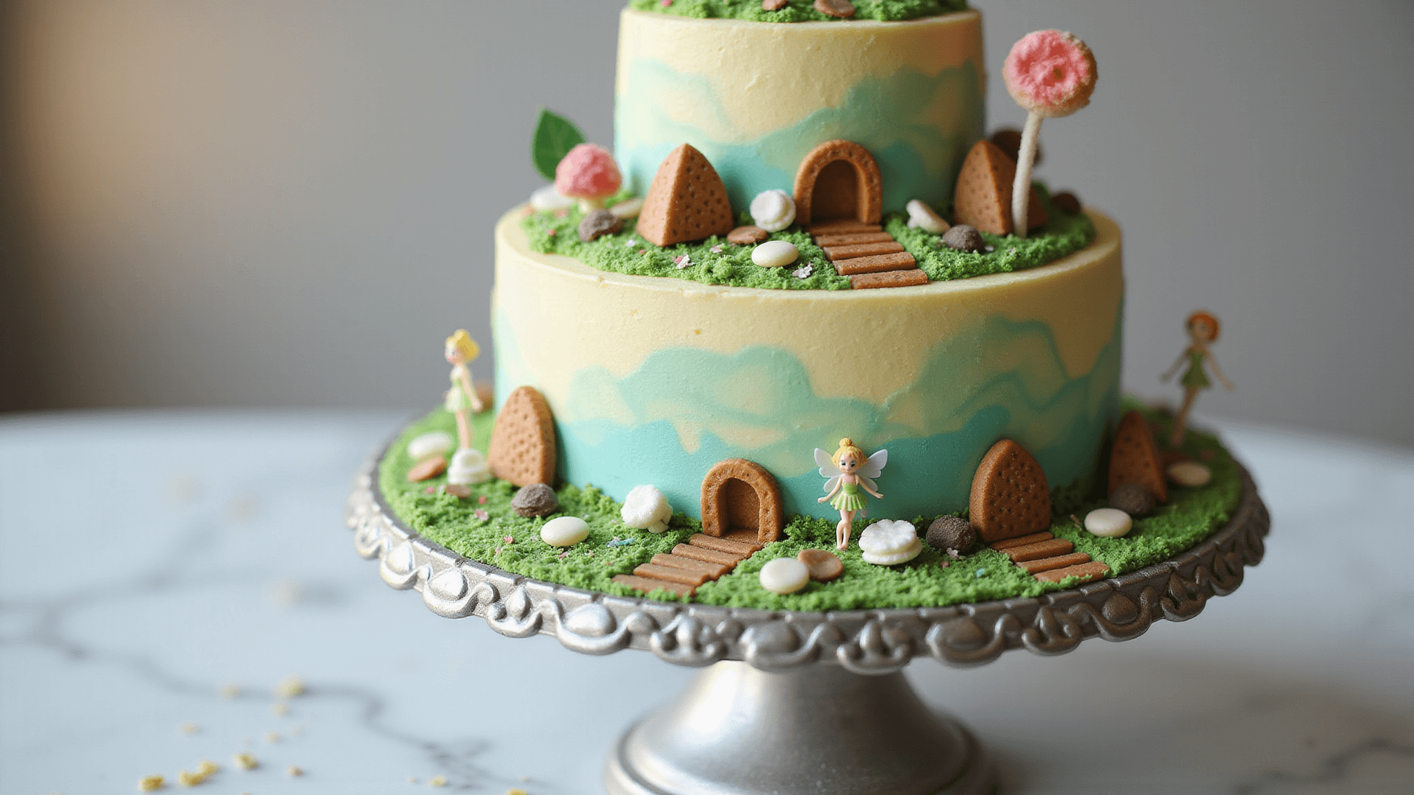 A whimsical three-tiered fairy garden birthday cake with pastel buttercream frosting on an ornate silver stand, featuring candy mushroom houses, chocolate chip stepping stones, and tiny fairy figurines among edible grass piping, all set against a soft bokeh background.