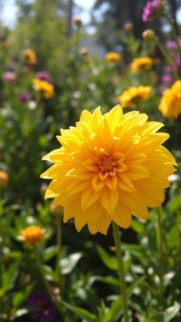 A bright golden dahlia flower in full bloom surrounded by greenery and other colorful flowers.