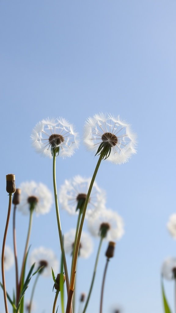 Fluffy dandelion heads swaying in the breeze against a clear blue sky