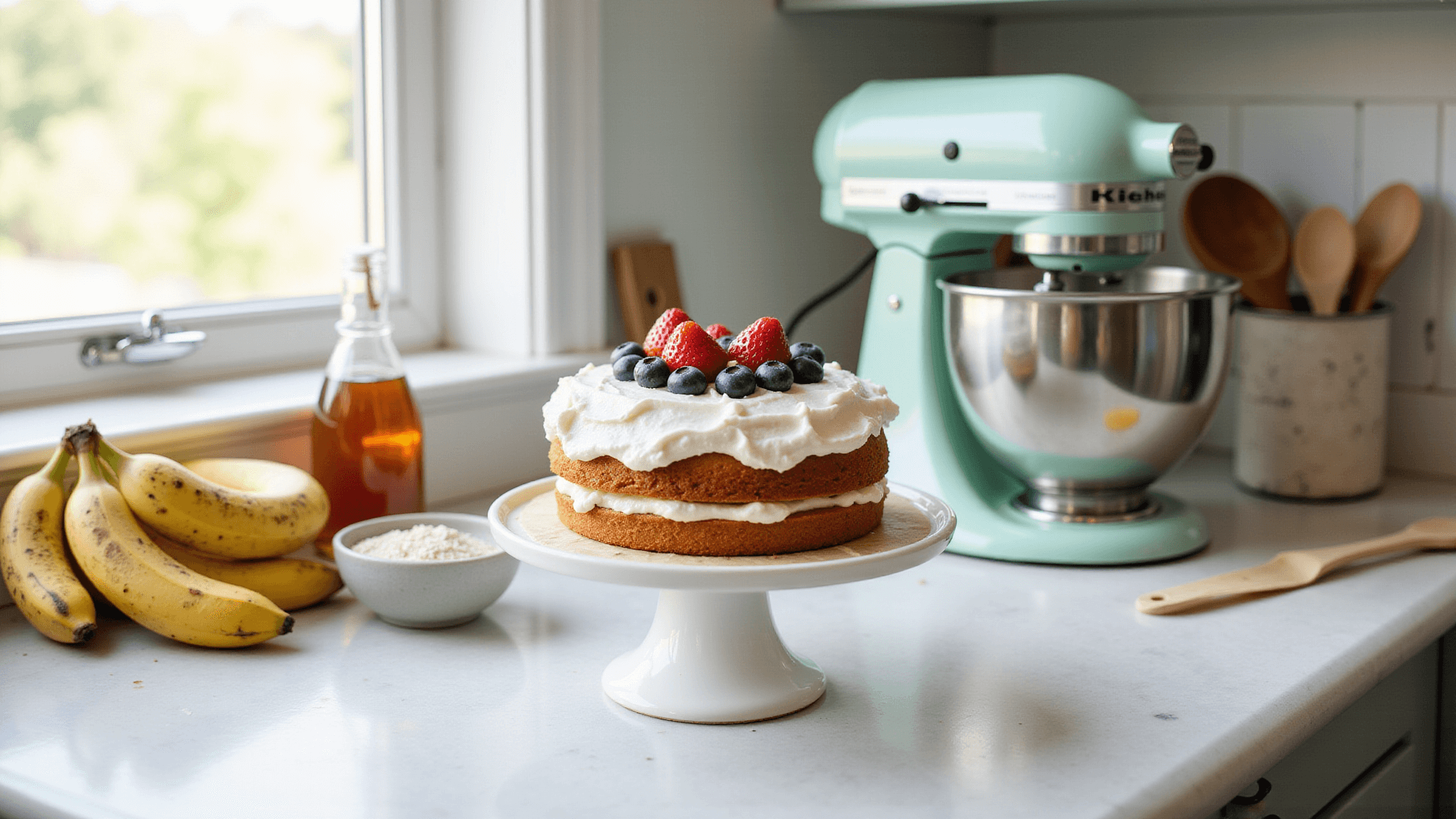 A sunlit modern farmhouse kitchen with a marble countertop showcasing ingredients for a healthy first birthday cake, including ripe bananas, farm-fresh eggs, and almond flour. A finished 6-inch round cake with yogurt frosting and fresh strawberries and blueberries is displayed on a white ceramic pedestal, surrounded by baking supplies and soft morning light.