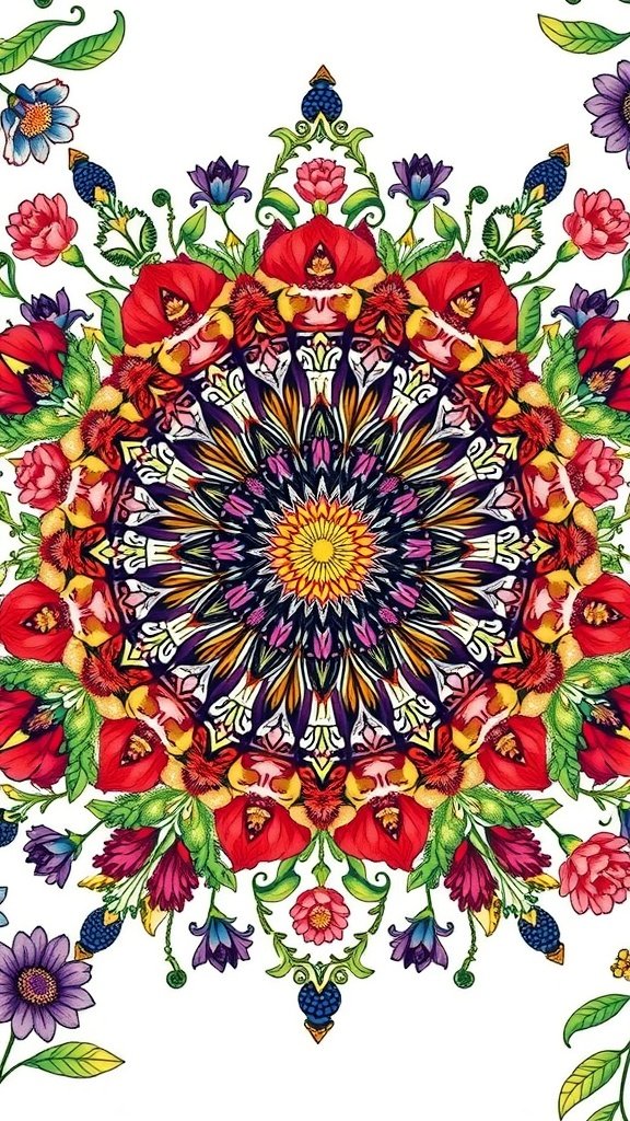 A colorful and intricate floral mandala featuring various flowers in vibrant colors.