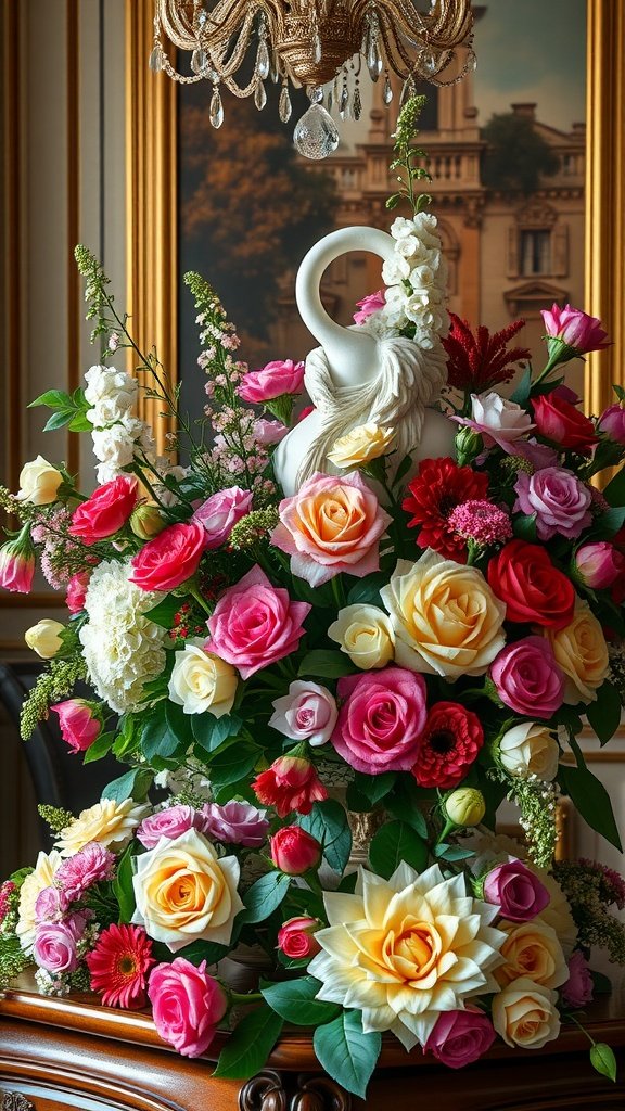A lavish floral still life featuring a swan sculpture and a colorful arrangement of roses and greenery.