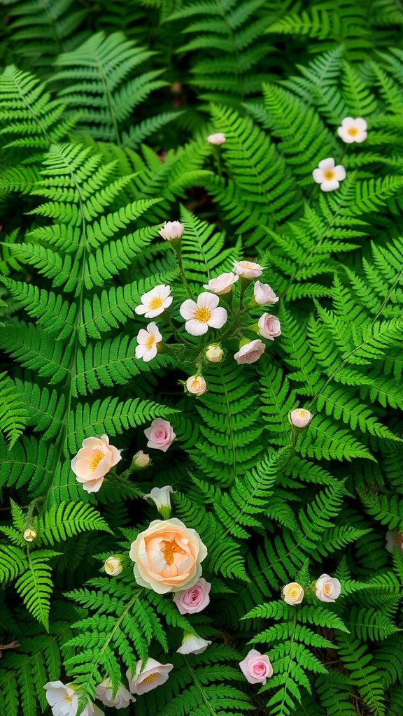 A vibrant scene of lush green ferns interspersed with delicate flowers.