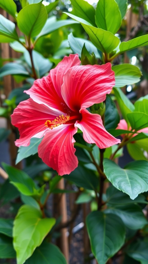 A vibrant pink hibiscus flower surrounded by green leaves