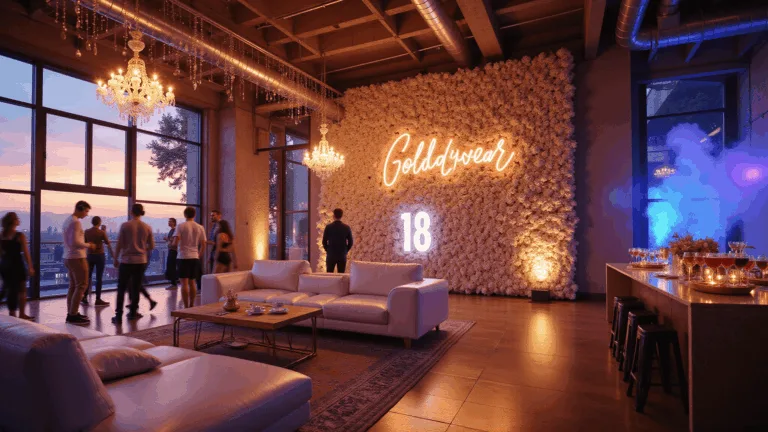 A luxurious modern loft space set for an 18th birthday celebration, featuring a silent disco, Hollywood-inspired lounge, photo station with flower wall, and an elegant refreshment zone, all bathed in golden hour lighting, with deep blue uplighting and ambient fairy lights.