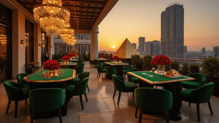 A luxurious rooftop terrace set for a Casino Royale-themed 50th birthday, featuring emerald velvet gaming tables, crystal chandeliers, a champagne pyramid, and elegant decor against a backdrop of city lights at golden hour.