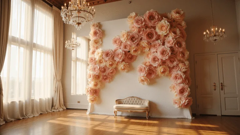 A stunning wedding venue with a towering 6-foot blush pink paper rose installation against an ivory wall, illuminated by golden hour sunlight, featuring crystal chandeliers, sheer white draping, and a vintage velvet settee for scale, captured in hyperrealistic detail.