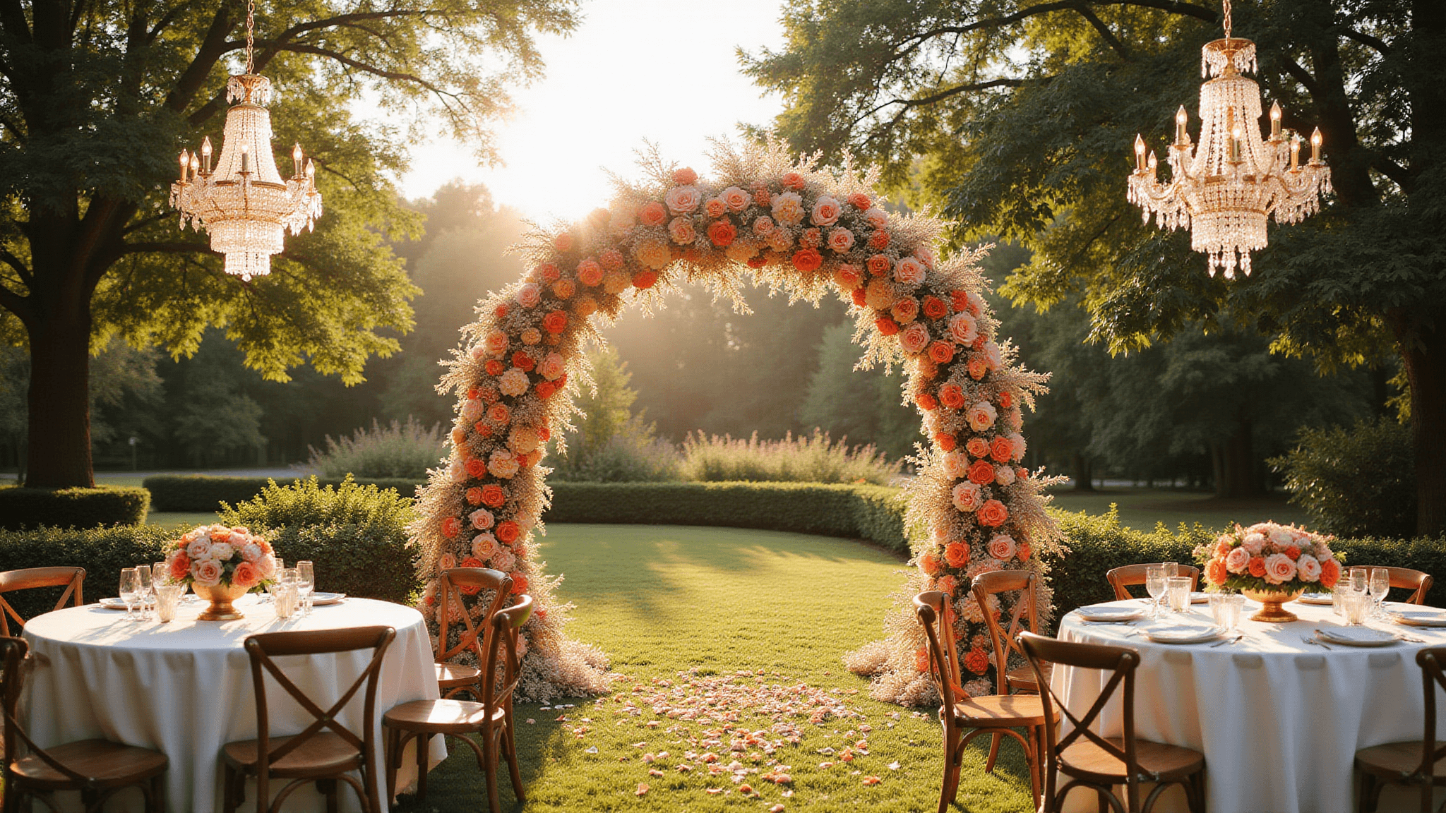 A luxurious wedding ceremony at golden hour featuring an ornate floral arch with coral and orange roses, blush dahlias, and sweet peas, surrounded by prismatic crystal chandeliers, round tables with gold vessel rose centerpieces, and sunlight filtering through to create a romantic amber-toned ambiance.