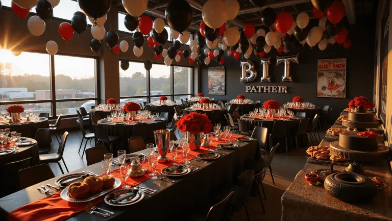Indoor racing-themed party space with dramatic sunlight, black marble tables in racetrack formation, red and silver floral centerpieces, checkered balloon installation, LED-lit "PIT STOP" lettering, vintage racing decor, and elegant table settings; features include a dessert station with race car cake and themed treats.