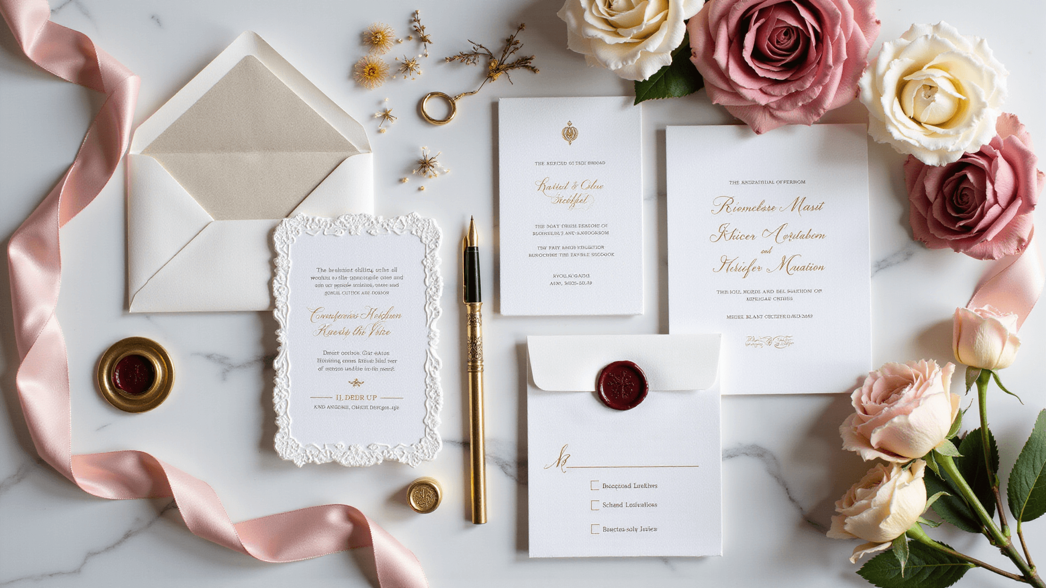 A luxurious overhead flatlay composition of a wedding invitation suite on Carrara marble, featuring white letterpress on handmade cotton paper with gold foil, surrounded by RSVP cards, vellum overlays, silk ribbons, roses, calligraphy envelopes, wax seals, dried flowers, and antique fountain pens, in a color palette of ivory, blush, gold, and burgundy.